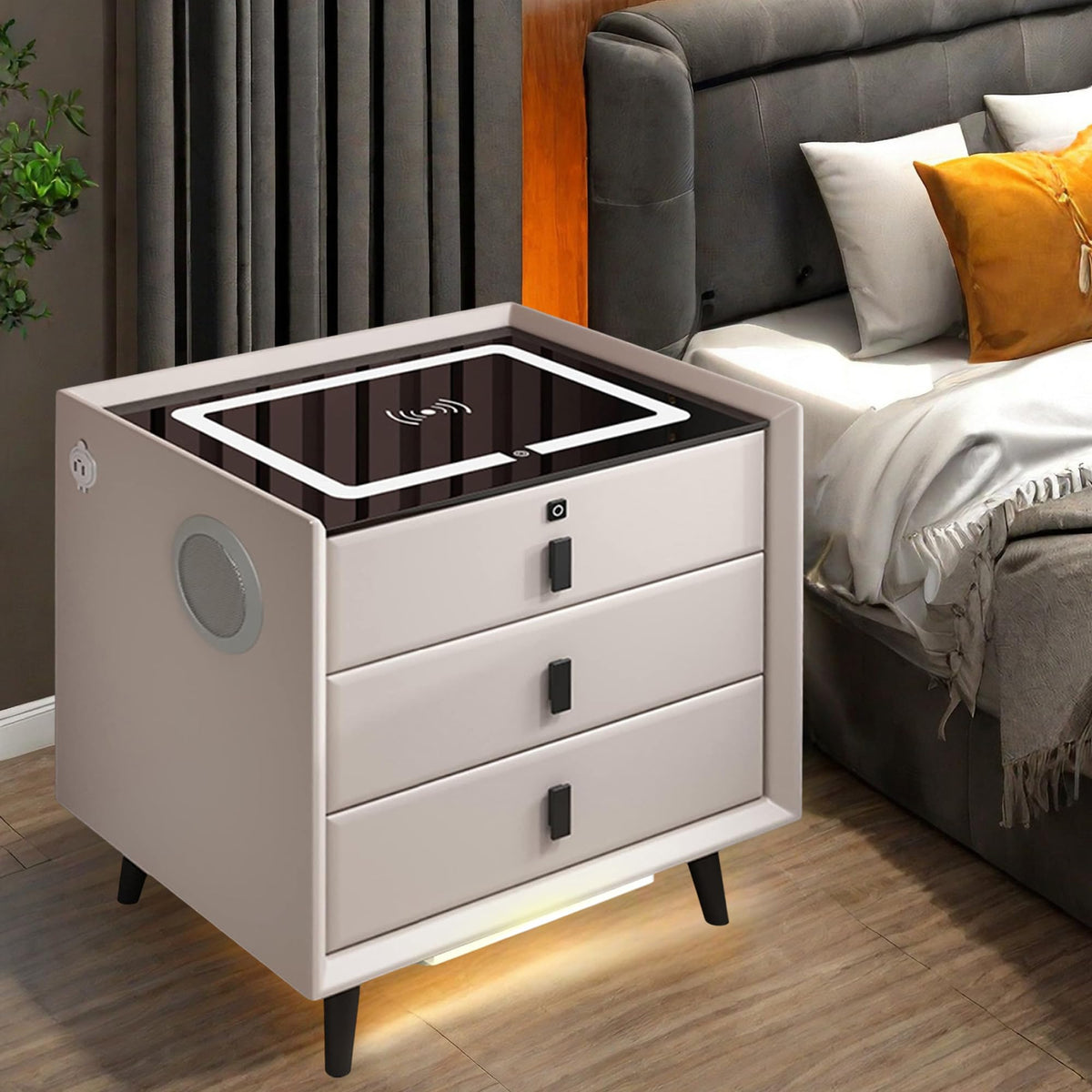 White 3 Drawer LED Nightstand with Wireless Charging B225846
