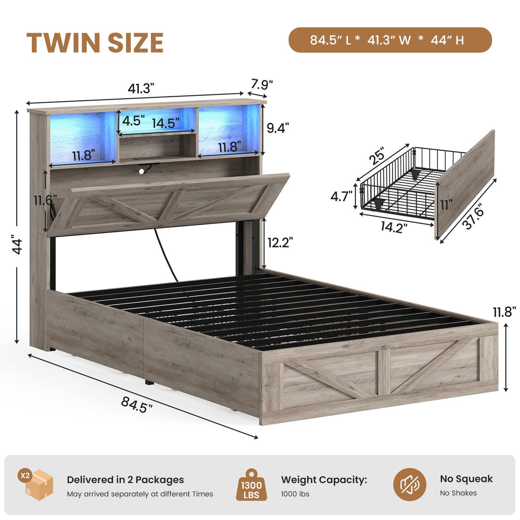 Twin Bed with Bookcase Headboard and 4 Drawers Z33509