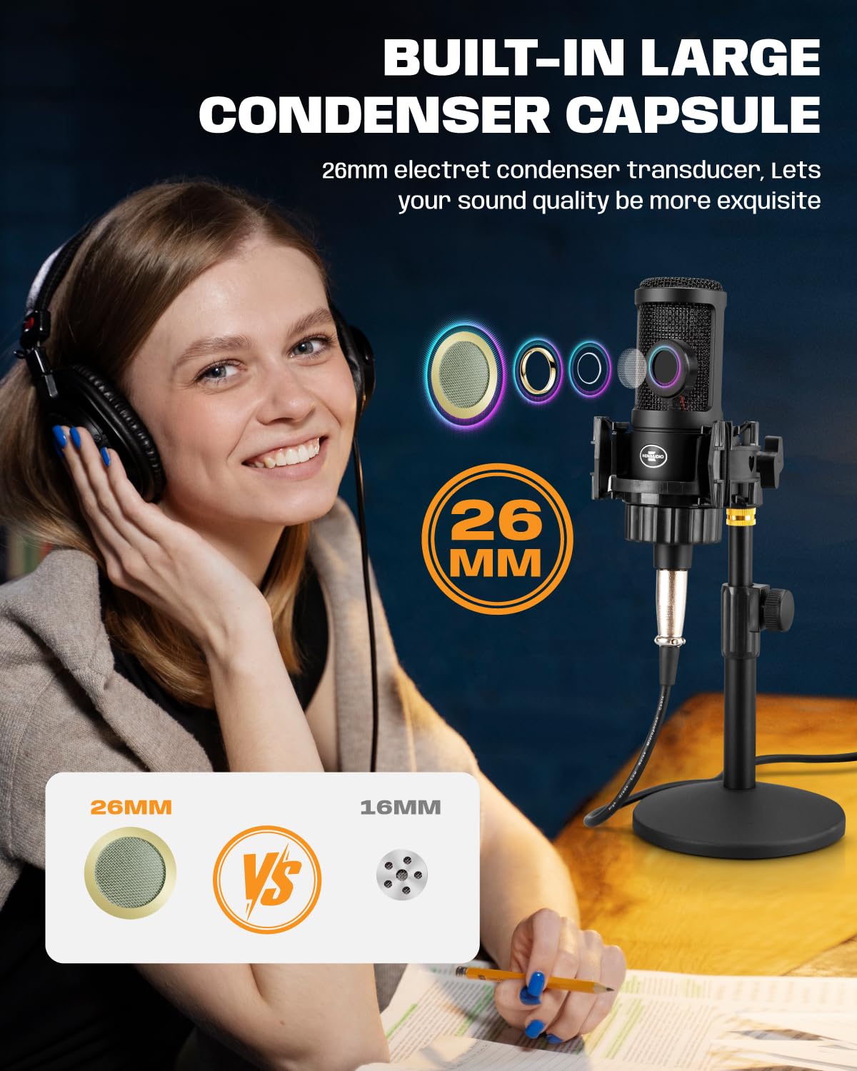XLR Condenser Microphone with 26mm Large Diaphragm Cardioid Recording Studio Mic Kit G687029