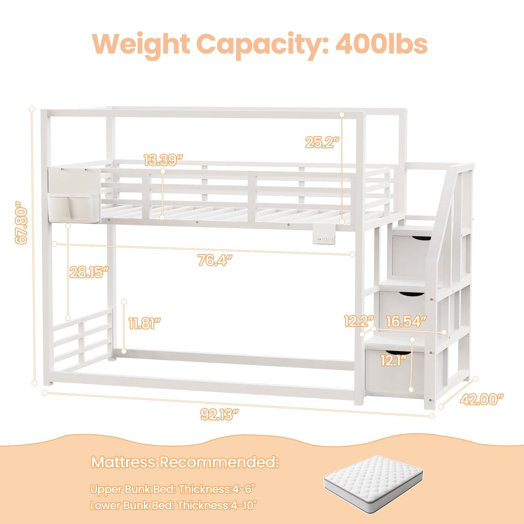 White Twin Over Twin Bunk Bed with Storage Stairs D361