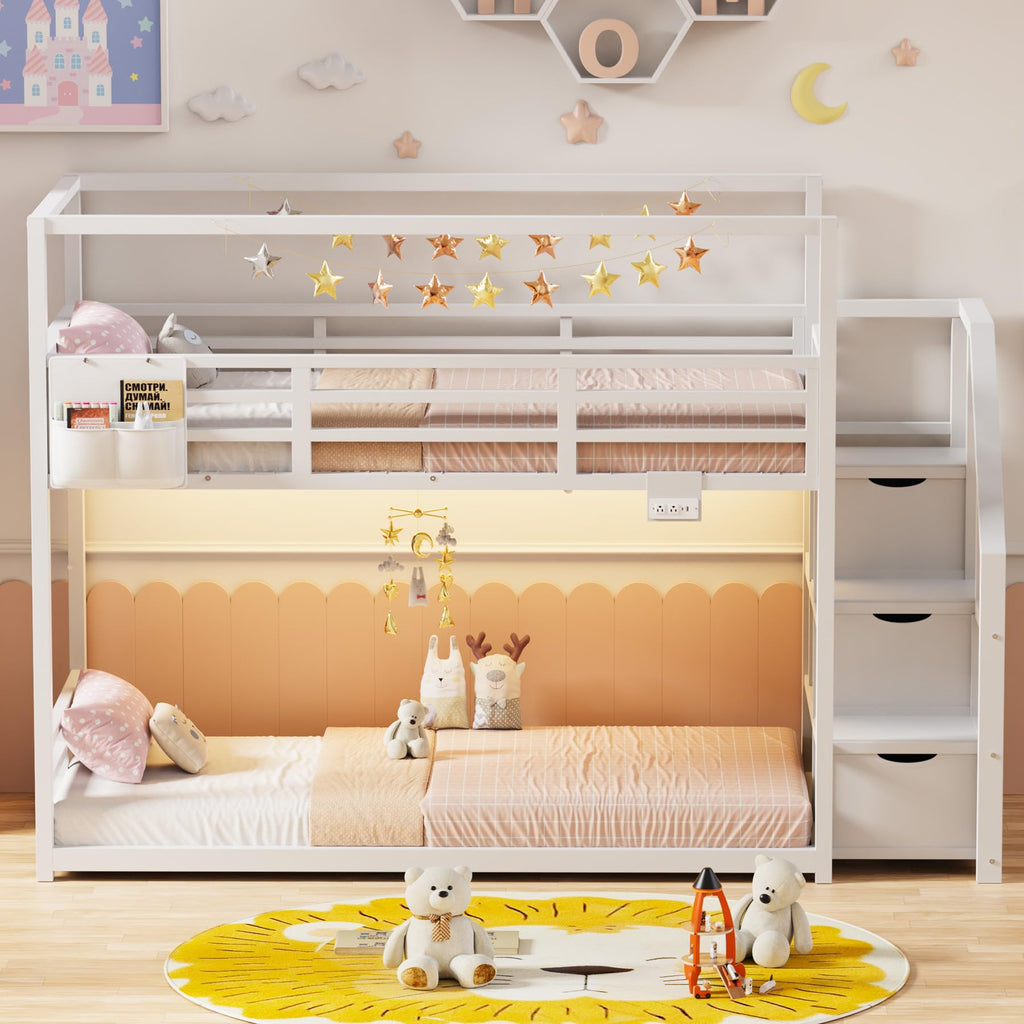 White Twin Over Twin Bunk Bed with Storage Stairs D361