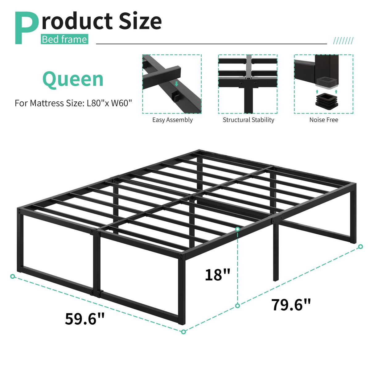 Queen Bed Frame 18 Inch with Steel Slat Support T337