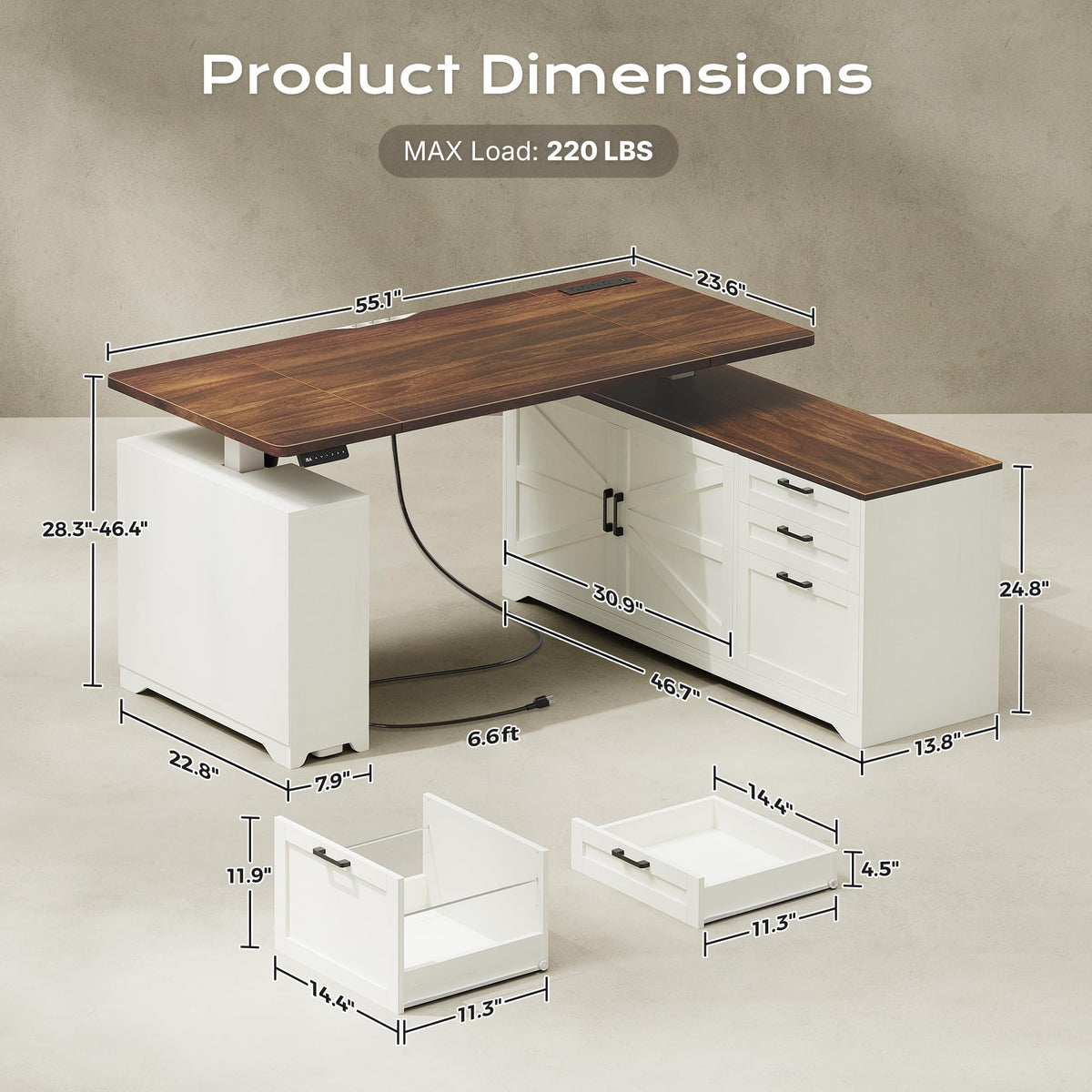 55'' L Shaped Standing Desk with Outlets and Drawers F135955