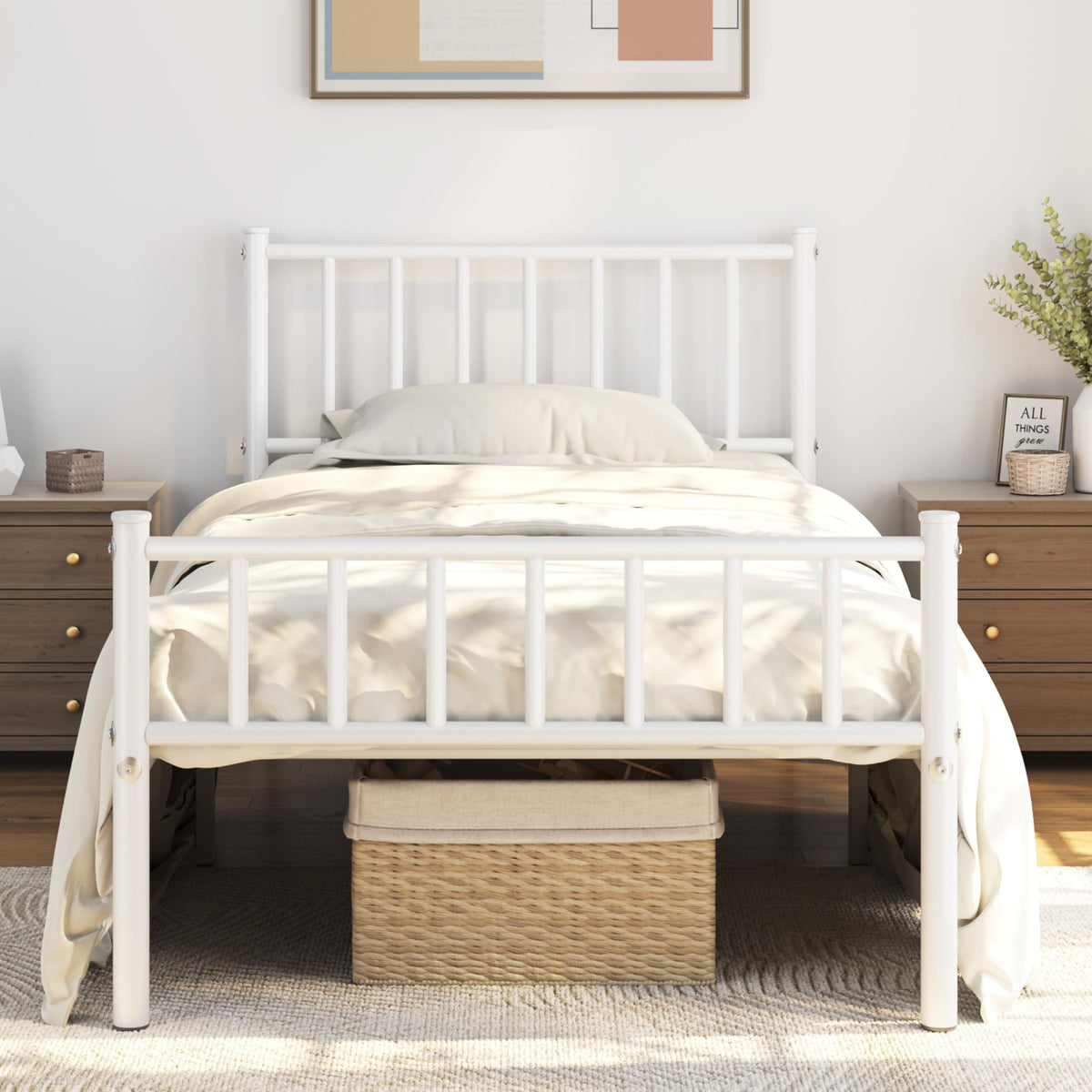 Twin Size White Metal Platform Bed Frame with Spindle Headboard B295