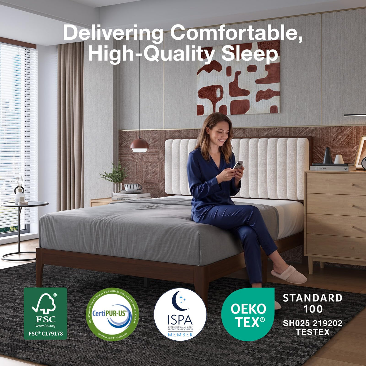 Queen Size Upholstered Bed Frame with Adjustable Headboard Y47897