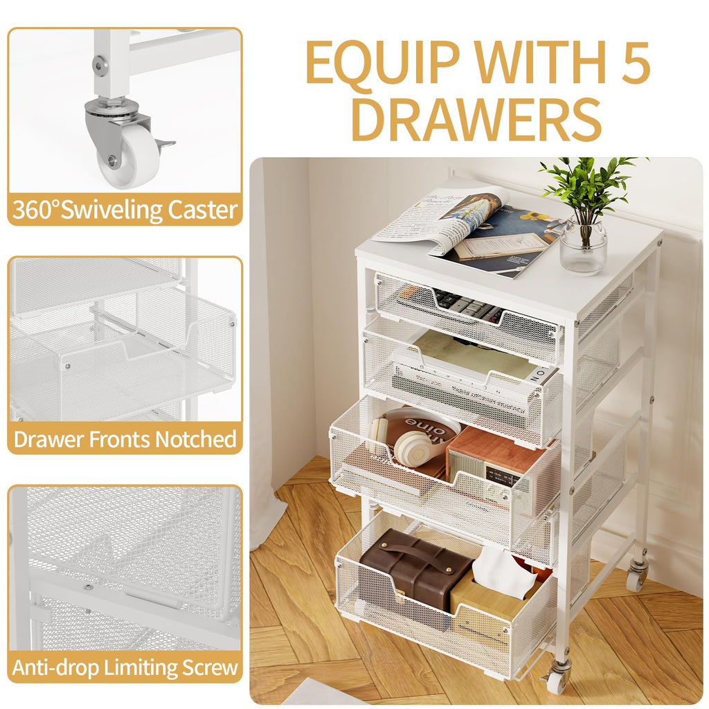 White 5 Drawer Rolling Utility Cart with Wooden Tabletop U9446