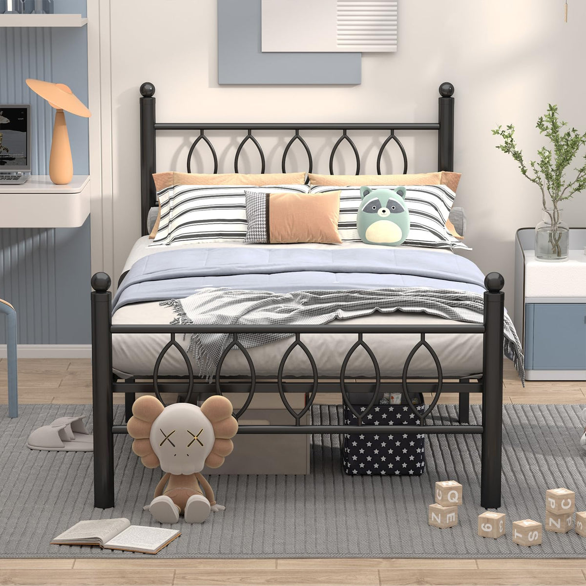 Black 14 Inch Metal Platform Twin Bed Frame with Headboard C48473
