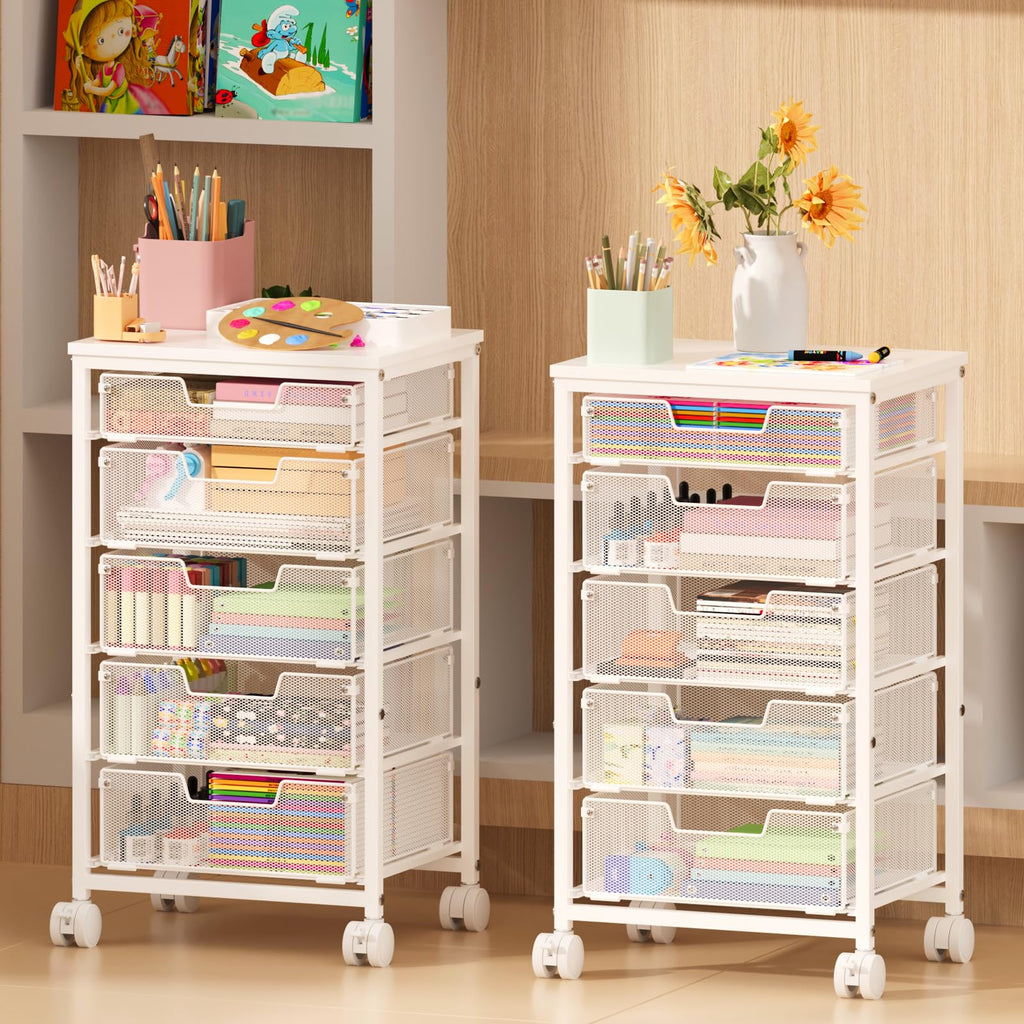 White 5 Drawer Rolling Utility Cart with Wooden Tabletop U9446