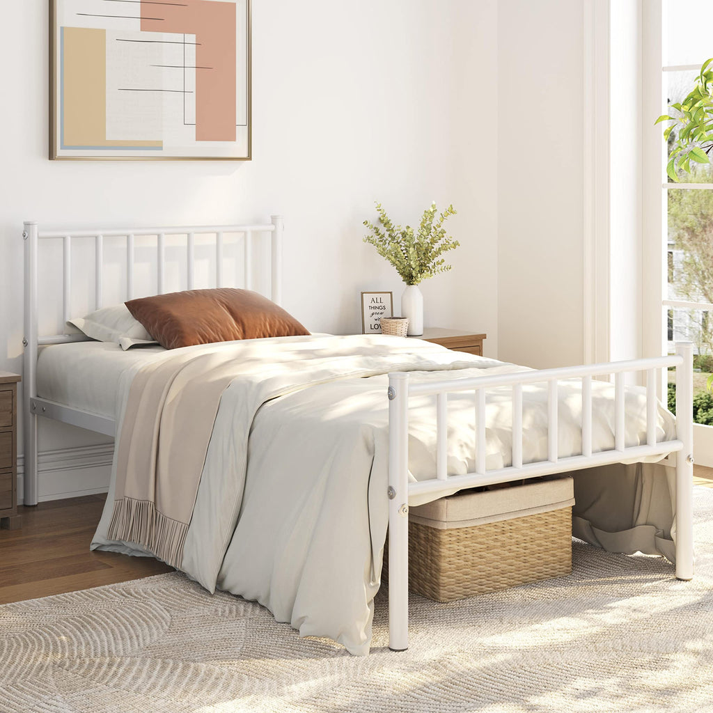 Twin Size White Metal Platform Bed Frame with Spindle Headboard B295