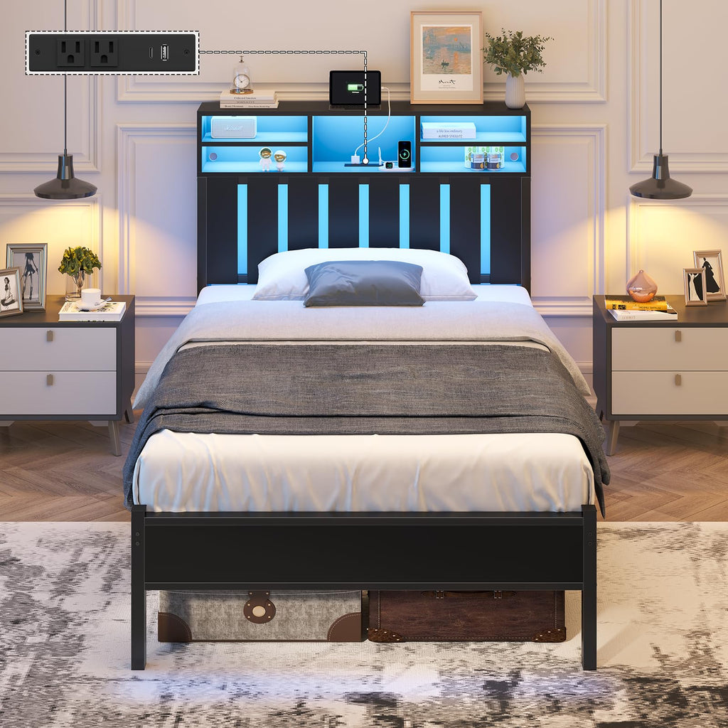 Twin Size Bed Frame with Storage Headboard and LED Lights E7344