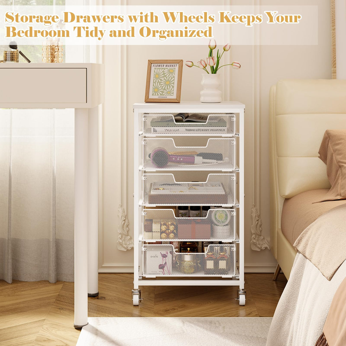 White 5 Drawer Rolling Utility Cart with Wooden Tabletop U9446