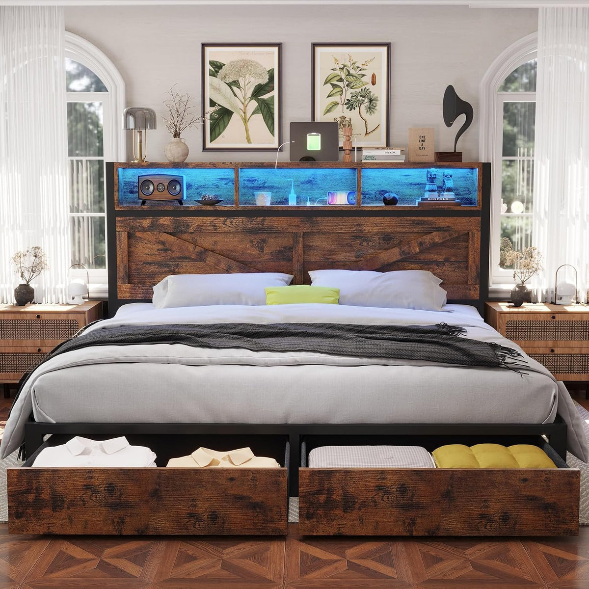 King Bed Frame with Storage Bookcase Headboard & Drawers, Brown Q636598