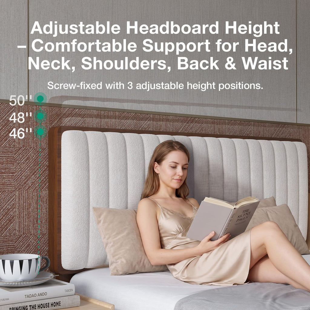 Queen Size Upholstered Bed Frame with Adjustable Headboard Y47897
