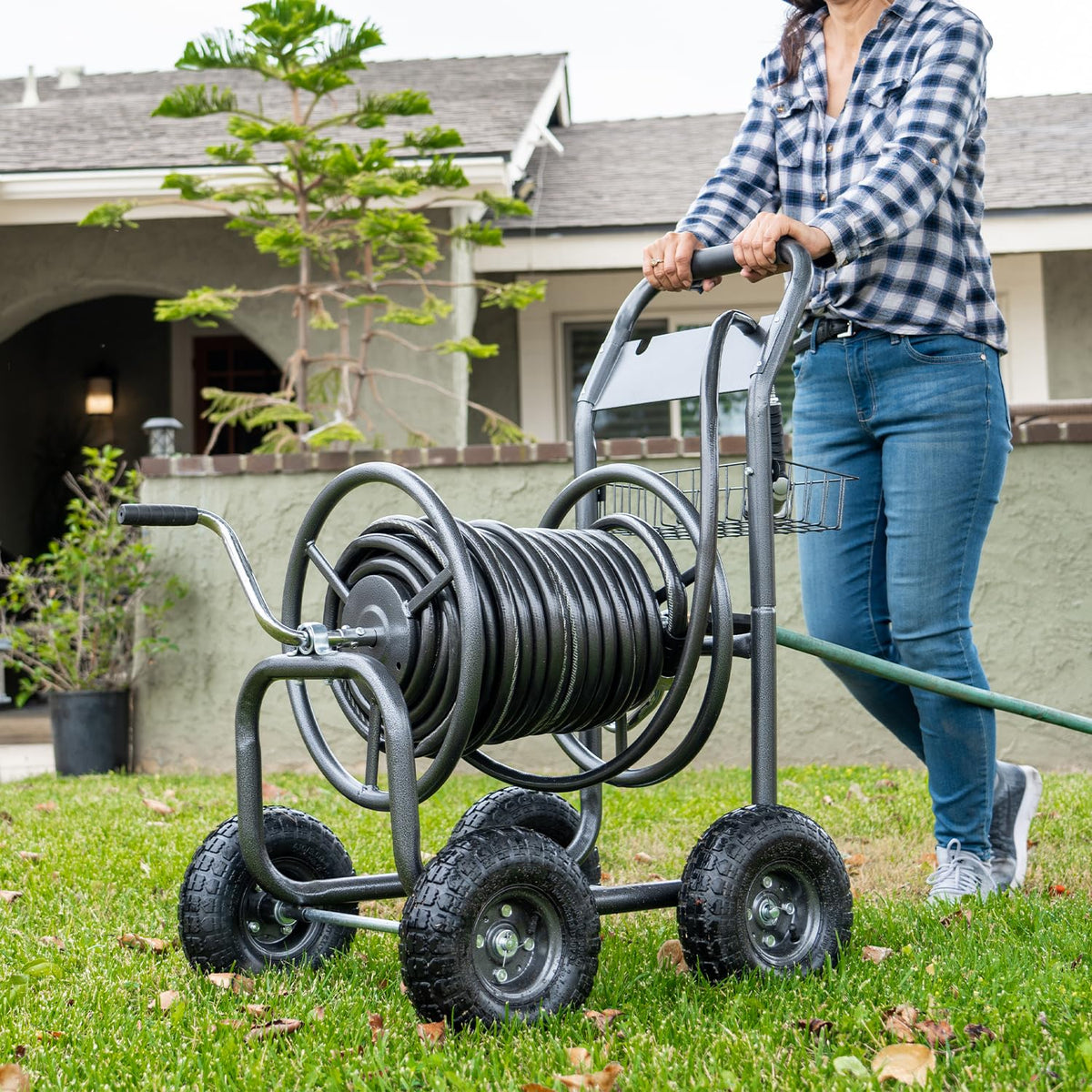 Hose Reel Cart with Wheels, 300-Feet Capacity, Grey P245