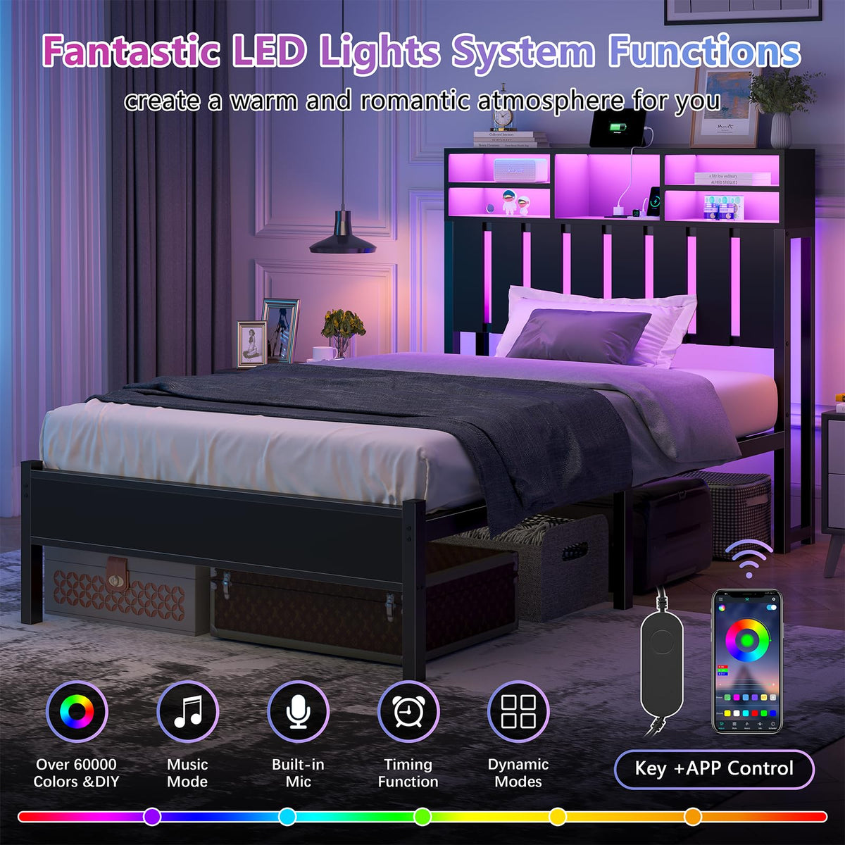 Twin Size Bed Frame with Storage Headboard and LED Lights E7344
