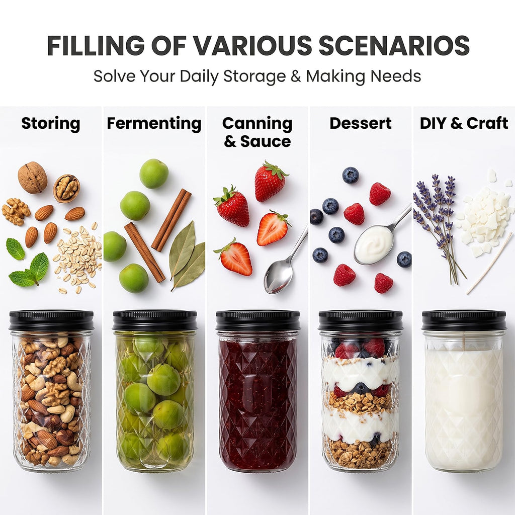 12 oz Mason Jars 12 Pack Regular Mouth Canning Jars with Black Lids W87128