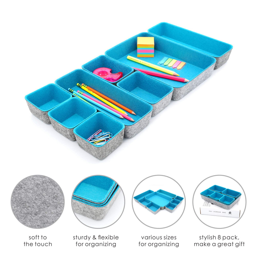 Felt Desk Drawer Organizer 8pc Turquoise Storage Bins V1621