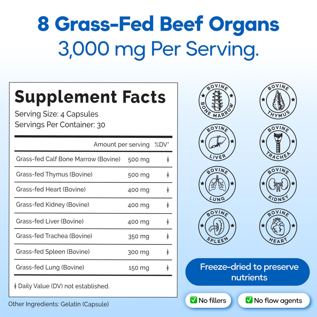 Grass Fed Beef Organ Supplement 3000mg 8 Organs 120 Capsules W7819