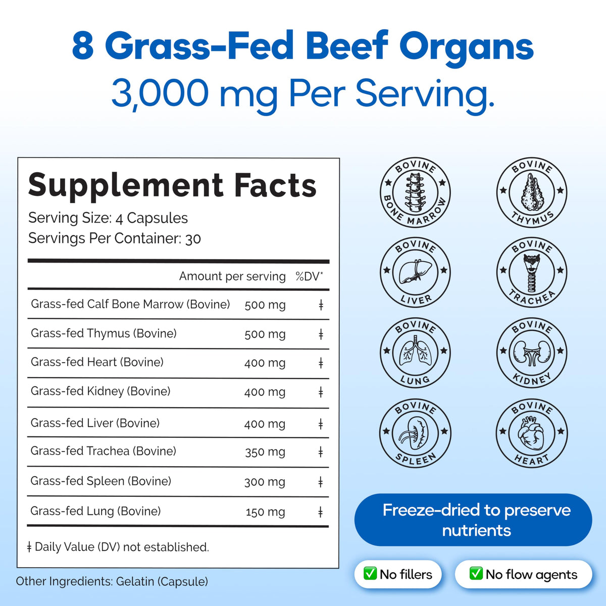 Grass Fed Beef Organ Supplement 3000mg 8 Organs 120 Capsules W7819