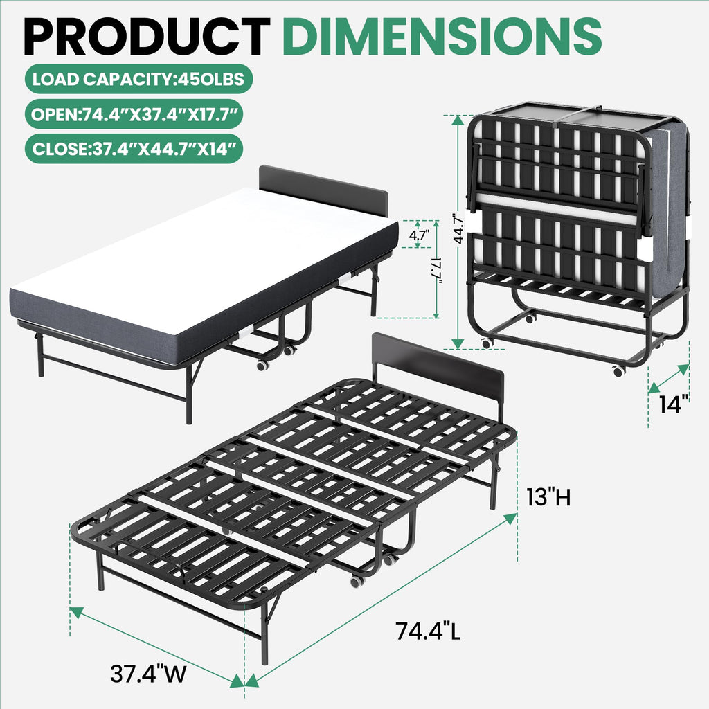 Folding Bed with Mattress, 5-Inch Memory Foam, 500lbs Capacity, Metal Frame, Adjustable Headboard Z765