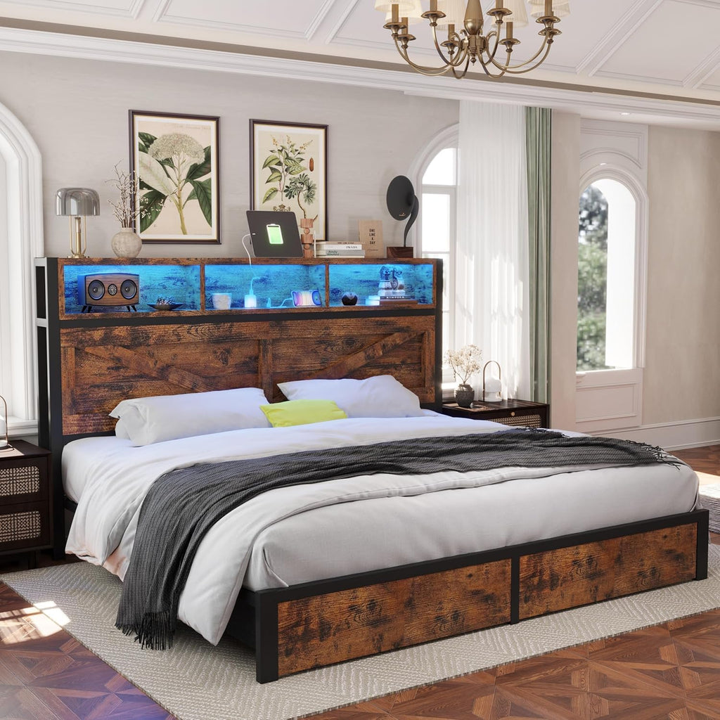 King Bed Frame with Storage Bookcase Headboard & Drawers, Brown Q636598