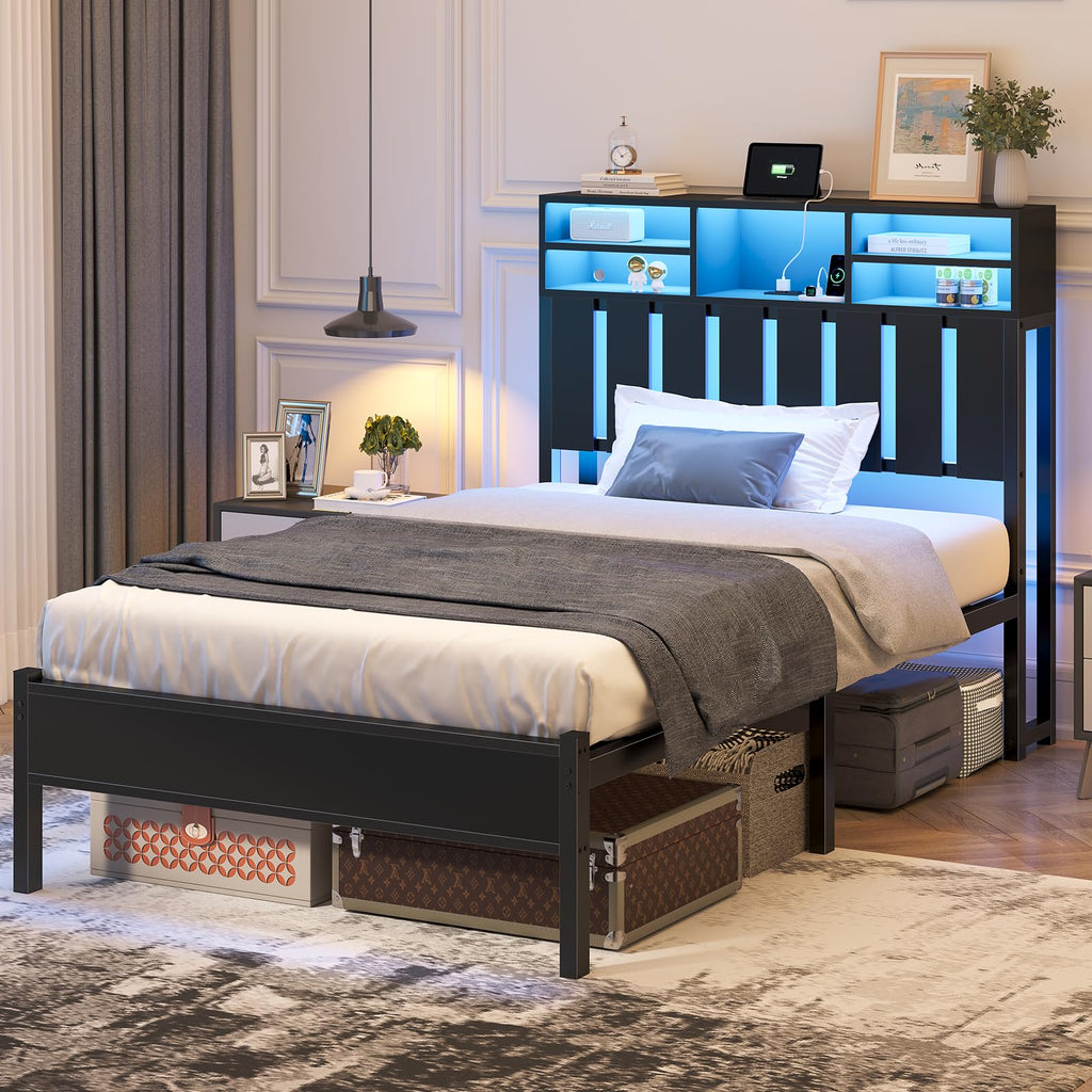 Twin Size Bed Frame with Storage Headboard and LED Lights E7344