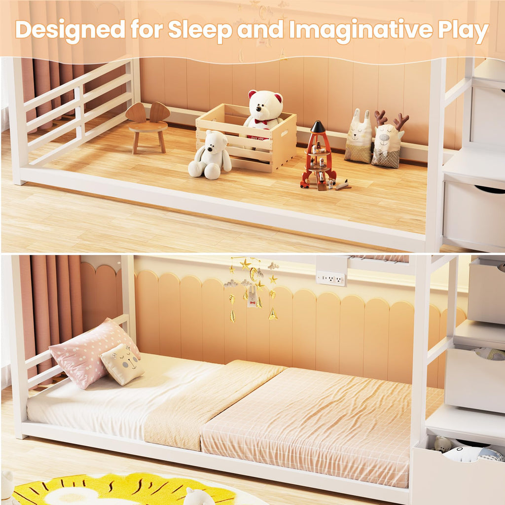 White Twin Over Twin Bunk Bed with Storage Stairs D361