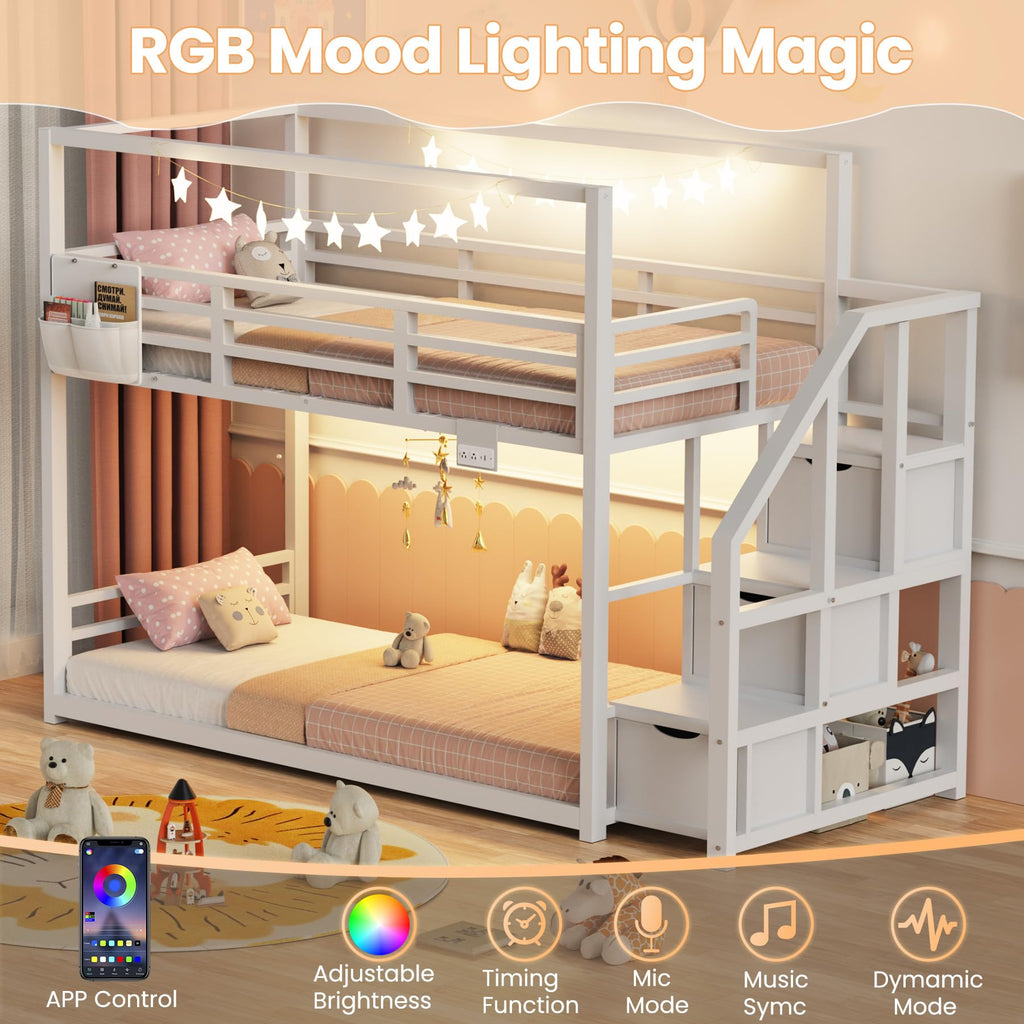 White Twin Over Twin Bunk Bed with Storage Stairs D361