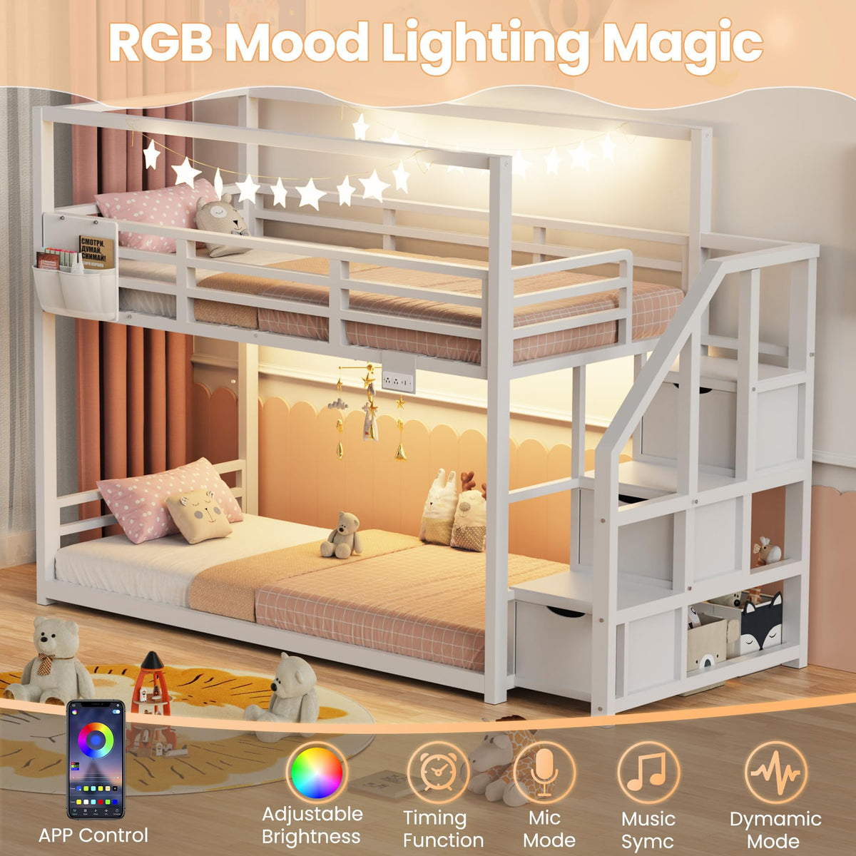 White Twin Over Twin Bunk Bed with Storage Stairs D361