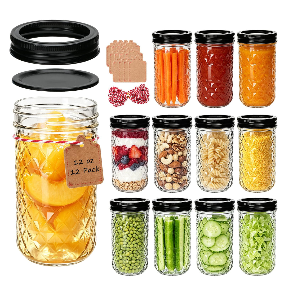 12 oz Mason Jars 12 Pack Regular Mouth Canning Jars with Black Lids W87128