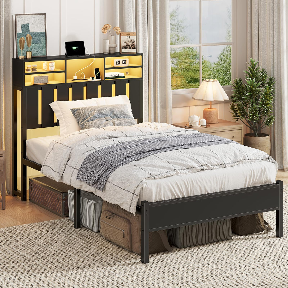 Twin Size Bed Frame with Storage Headboard and LED Lights E7344