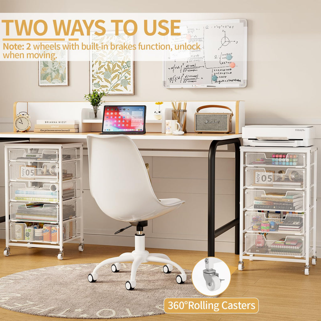 White 5 Drawer Rolling Utility Cart with Wooden Tabletop U9446