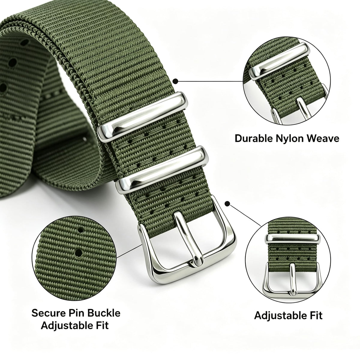 Nylon Watch Band with Stainless Steel Silver Buckle K254