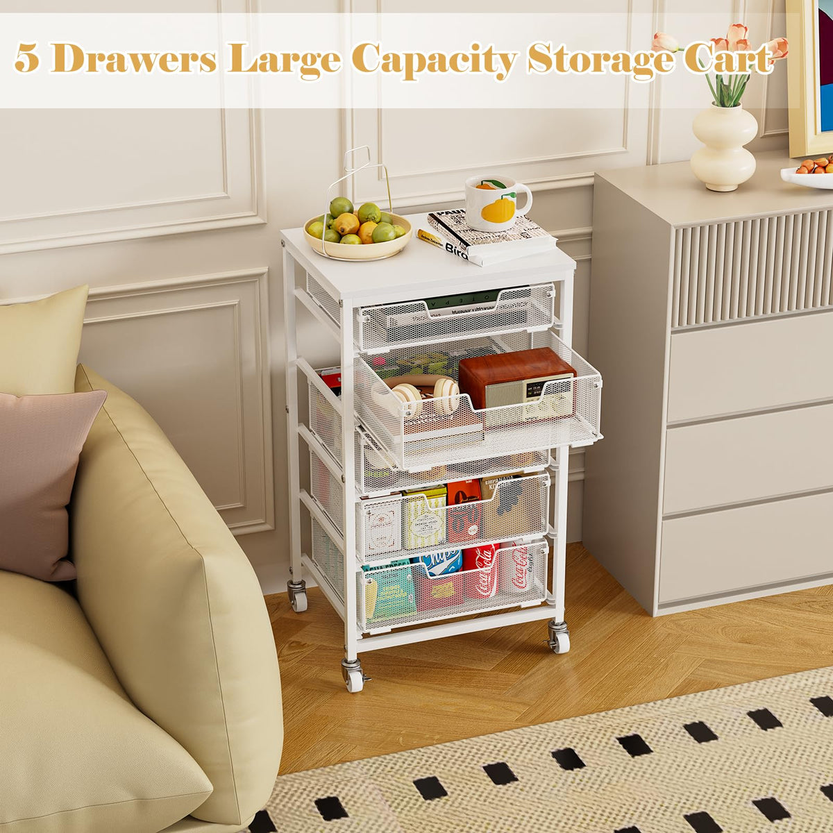 White 5 Drawer Rolling Utility Cart with Wooden Tabletop U9446