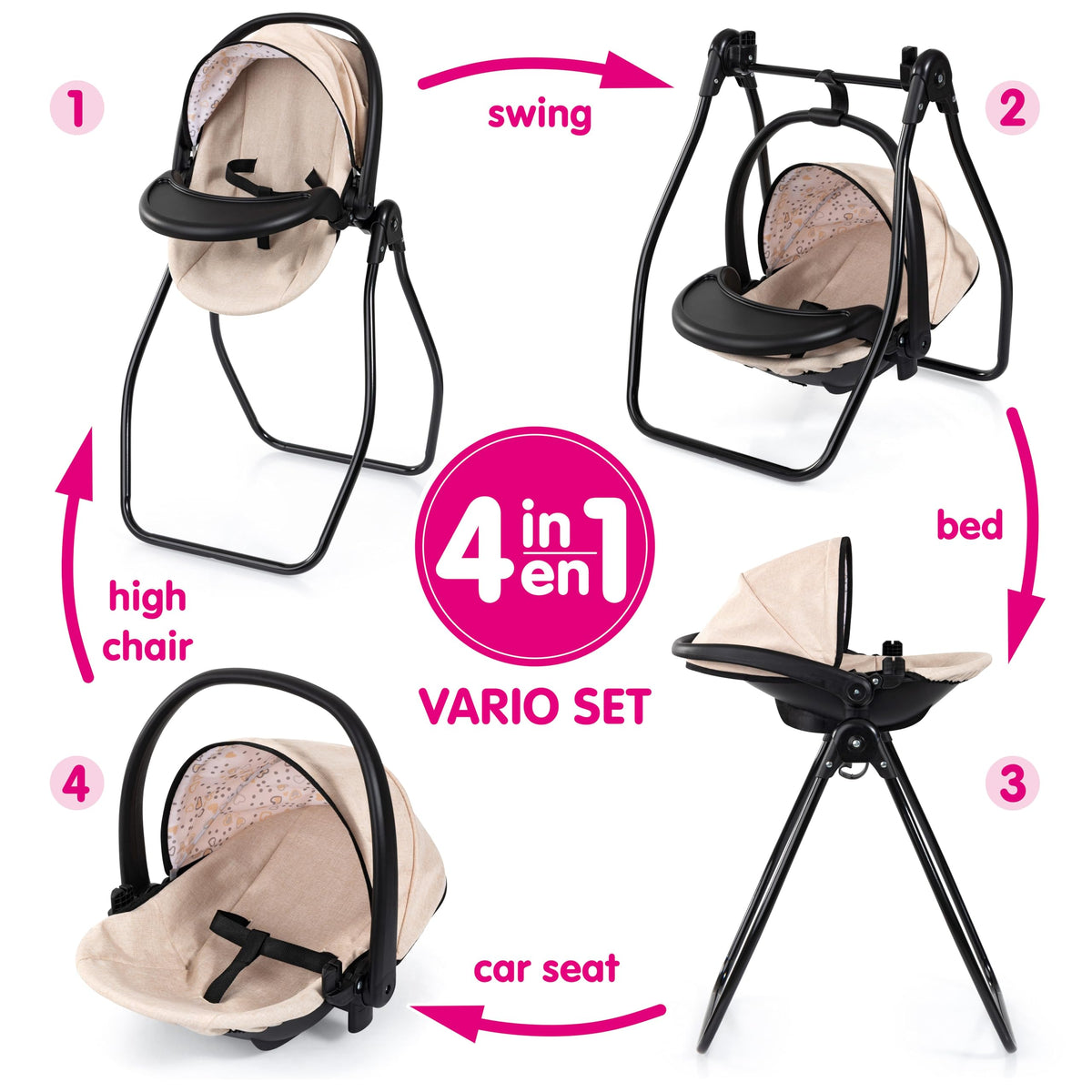 4-in-1 Doll Highchair, Swing, Bed & Car Seat C5431