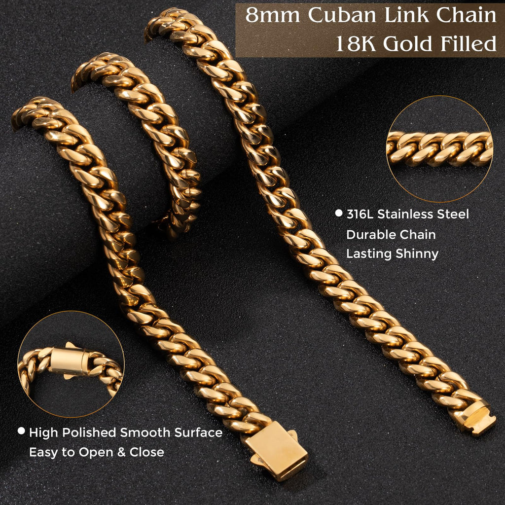 8mm Gold Cuban Link Chain 316L Stainless Steel Necklace U5238