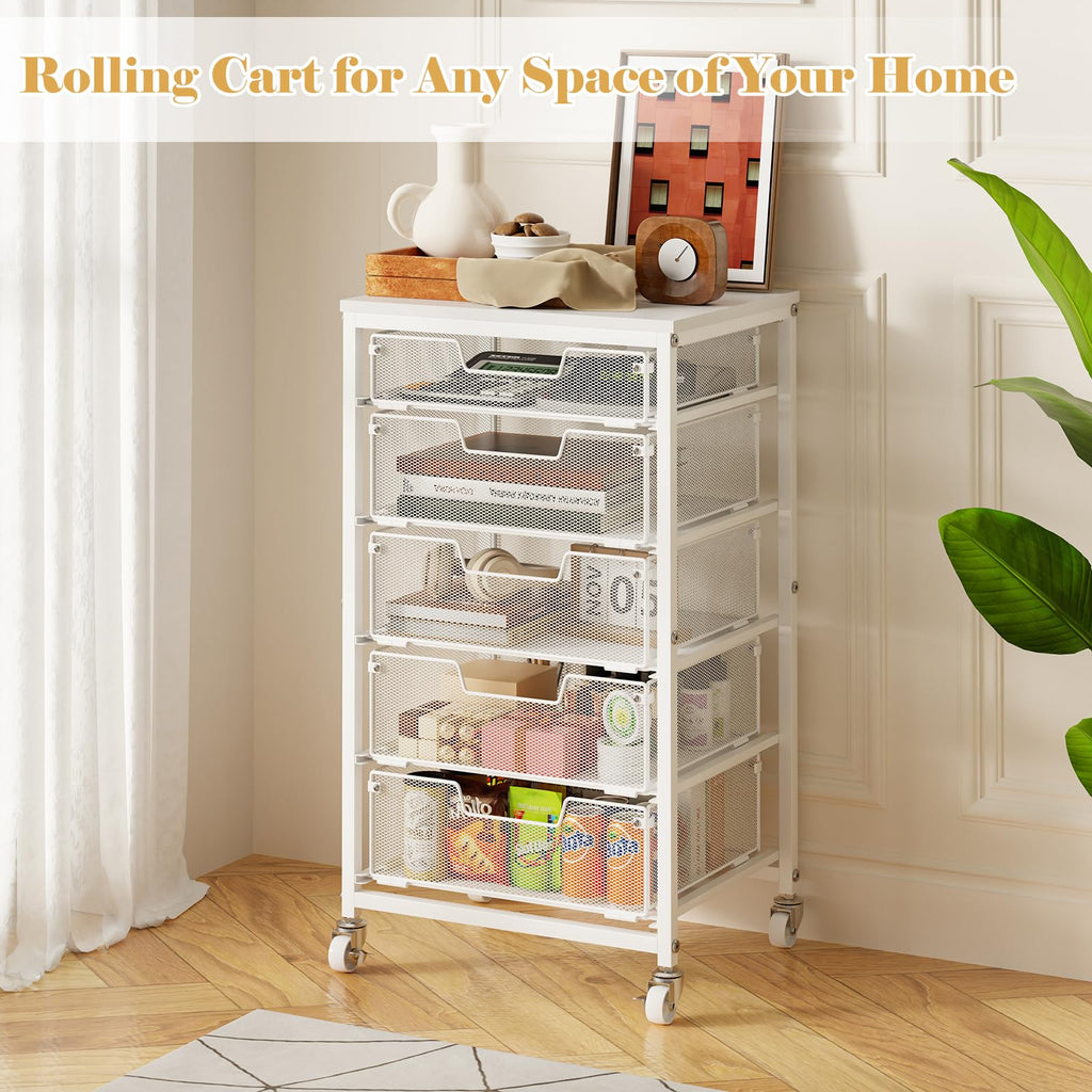 White 5 Drawer Rolling Utility Cart with Wooden Tabletop U9446