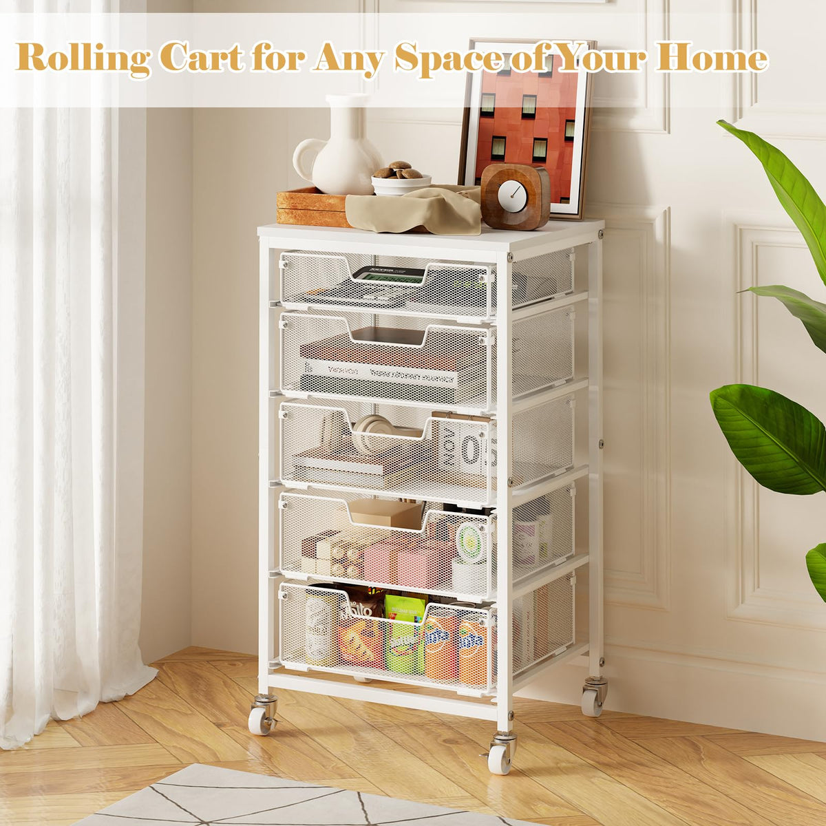 White 5 Drawer Rolling Utility Cart with Wooden Tabletop U9446
