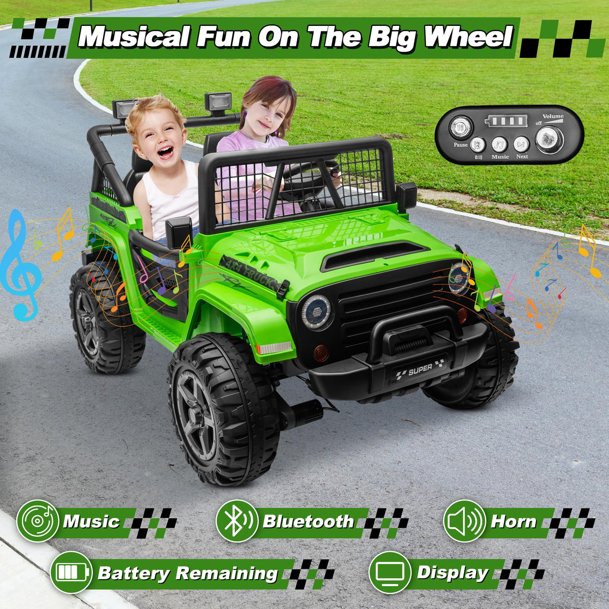 24V Ride on Car with Remote Control, 2 Seater 4WD/2WD Truck, Green T2029