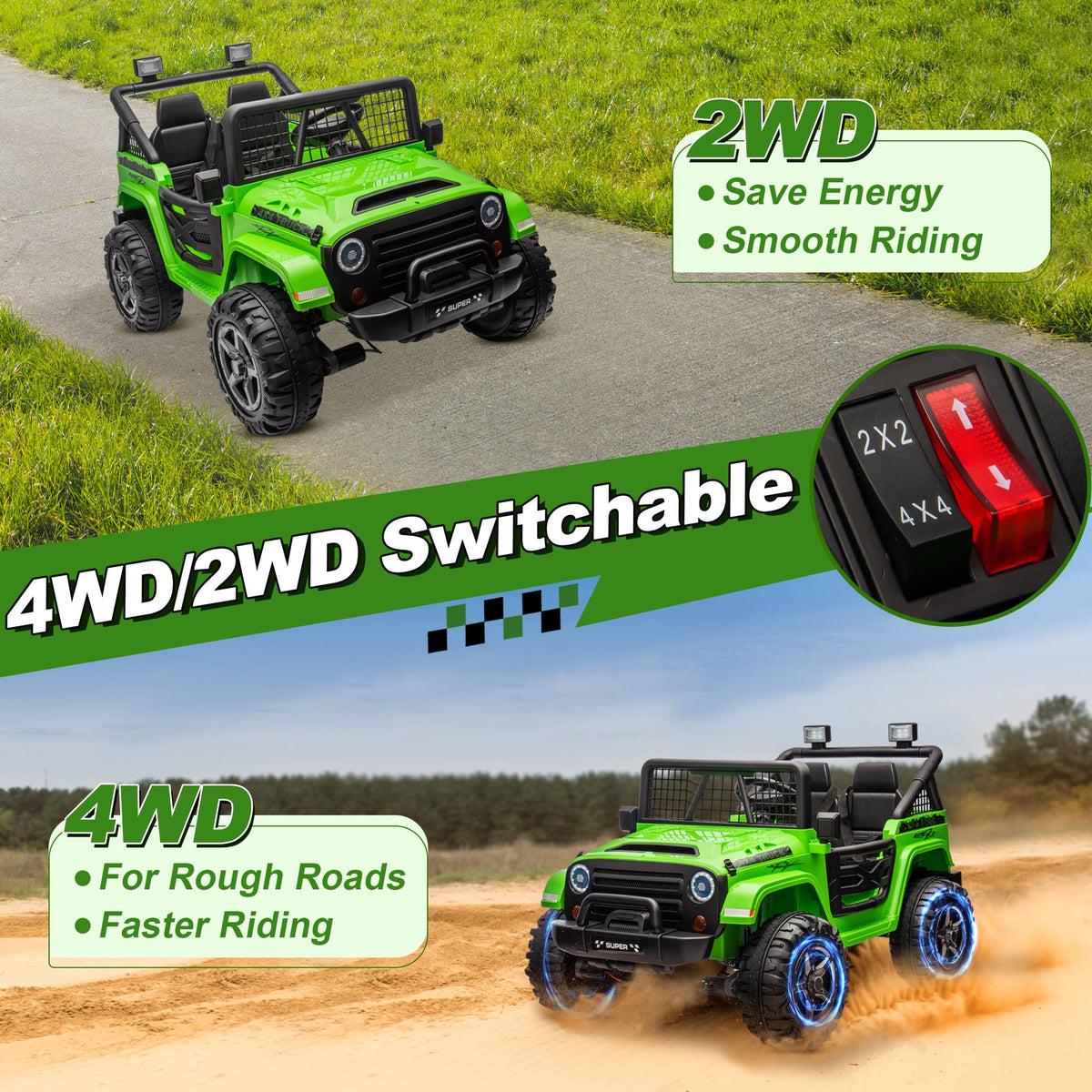 24V Ride on Car with Remote Control, 2 Seater 4WD/2WD Truck, Green T2029