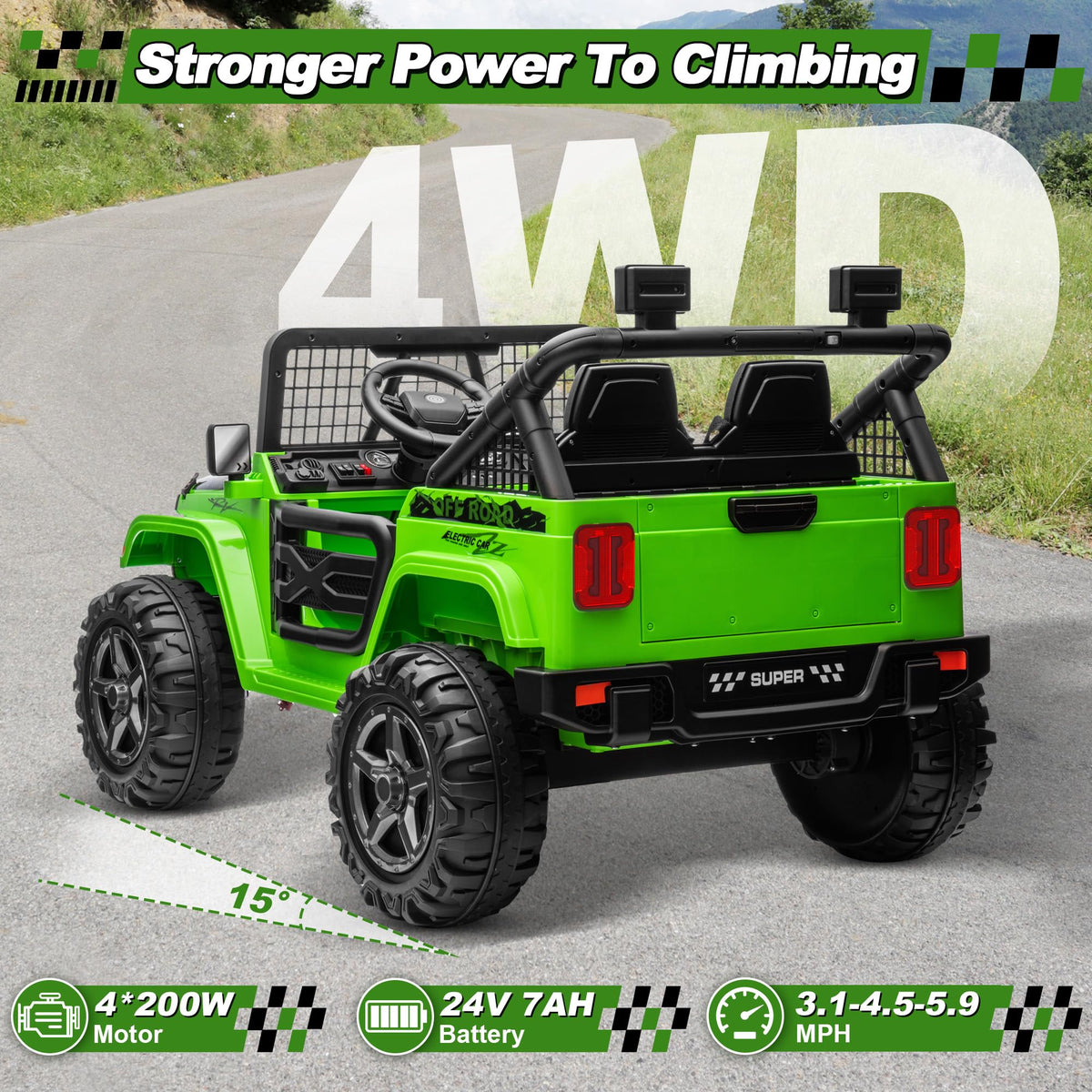 24V Ride on Car with Remote Control, 2 Seater 4WD/2WD Truck, Green T2029