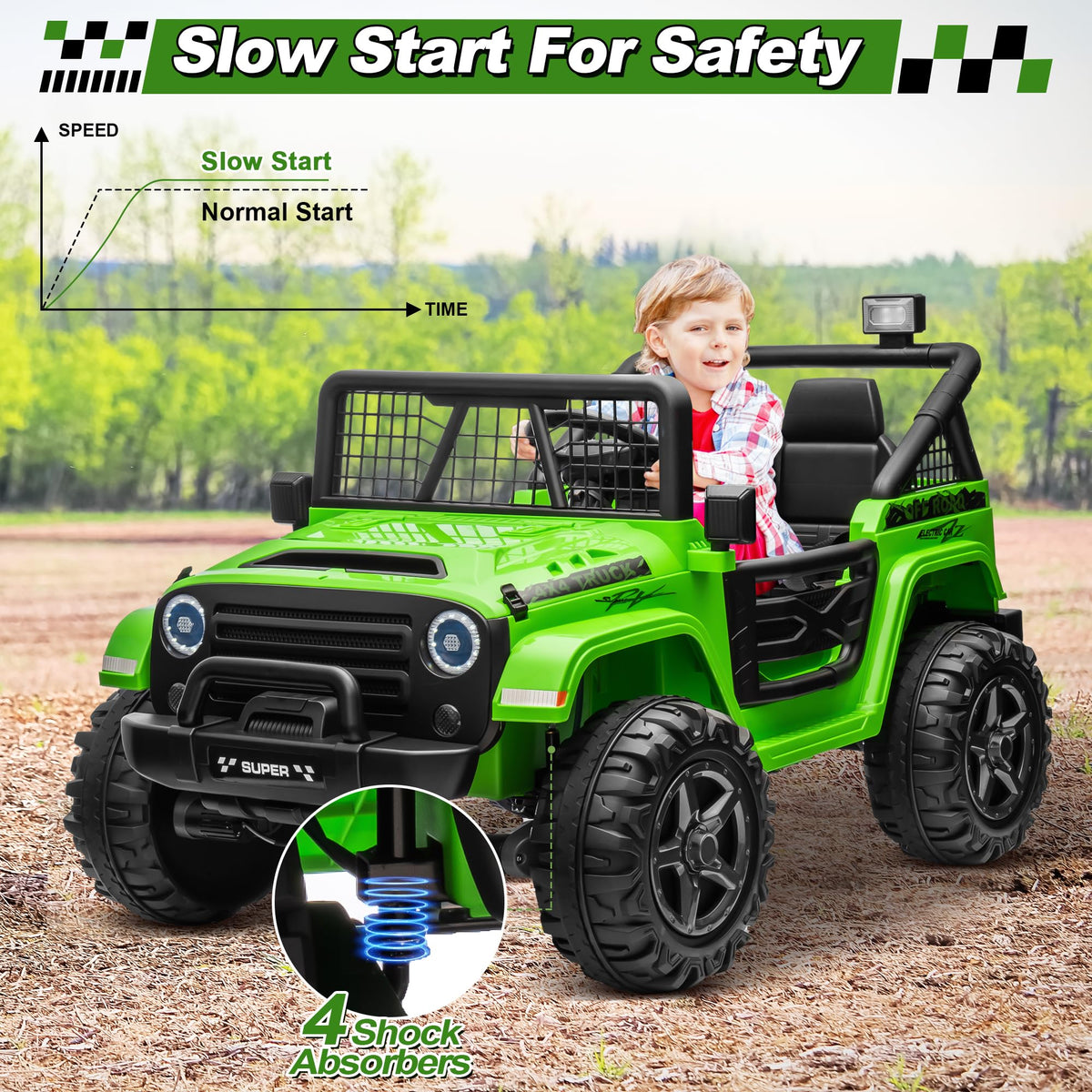 24V Ride on Car with Remote Control, 2 Seater 4WD/2WD Truck, Green T2029