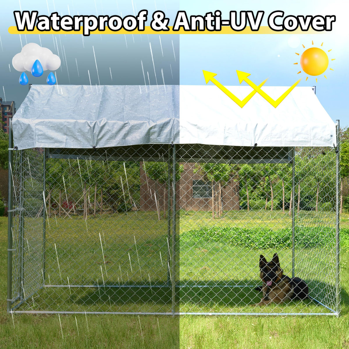 Heavy Duty Galvanized Steel Dog Kennel with Lockable Door and Water-Resistant Roof Q333899