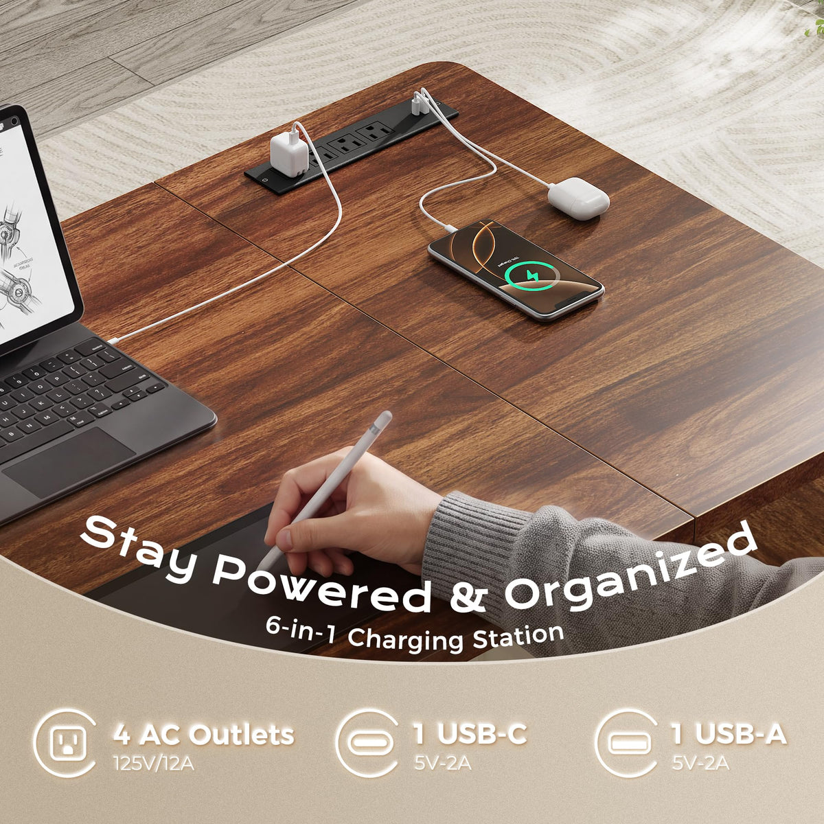 55'' L Shaped Standing Desk with Outlets and Drawers F135955