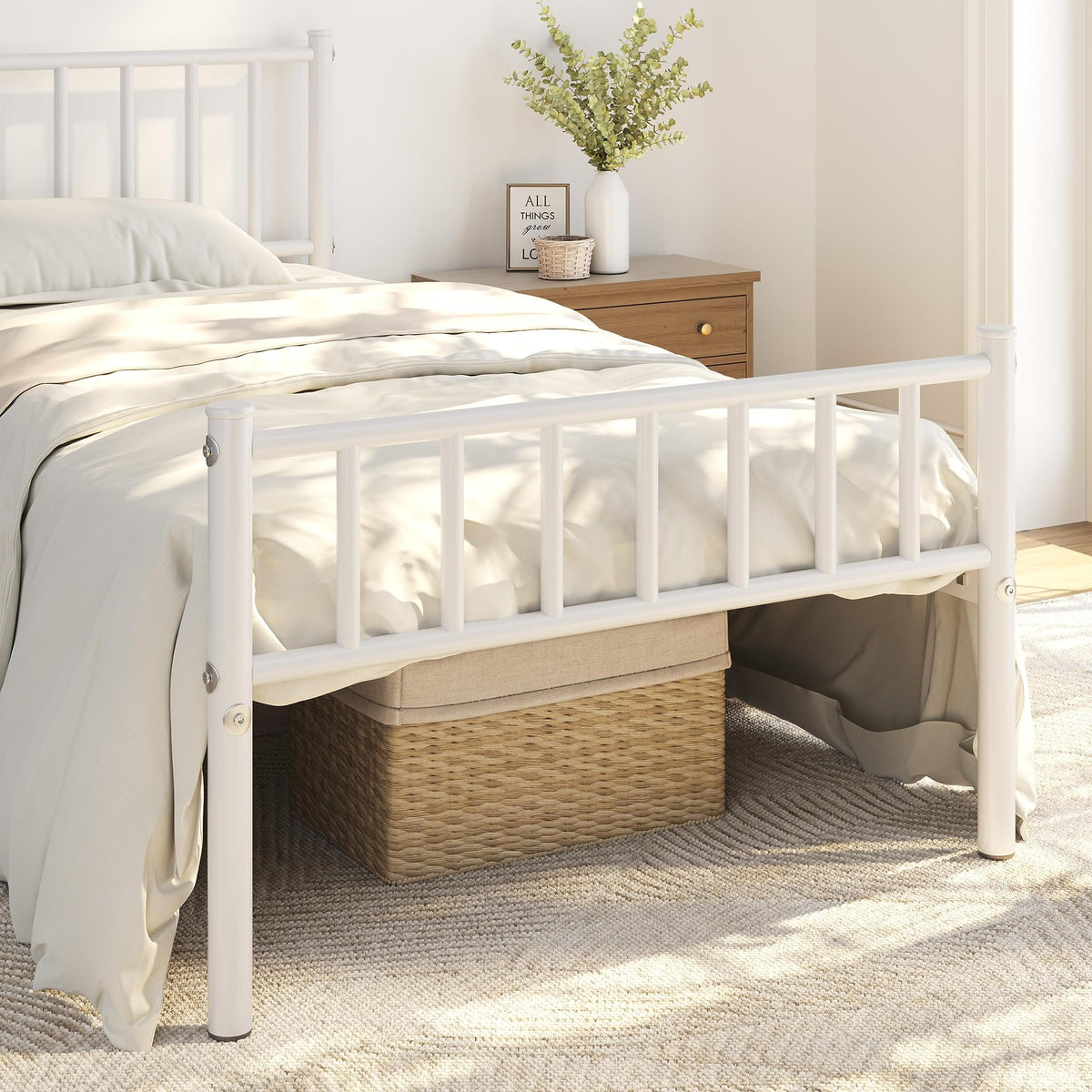 Twin Size White Metal Platform Bed Frame with Spindle Headboard B295
