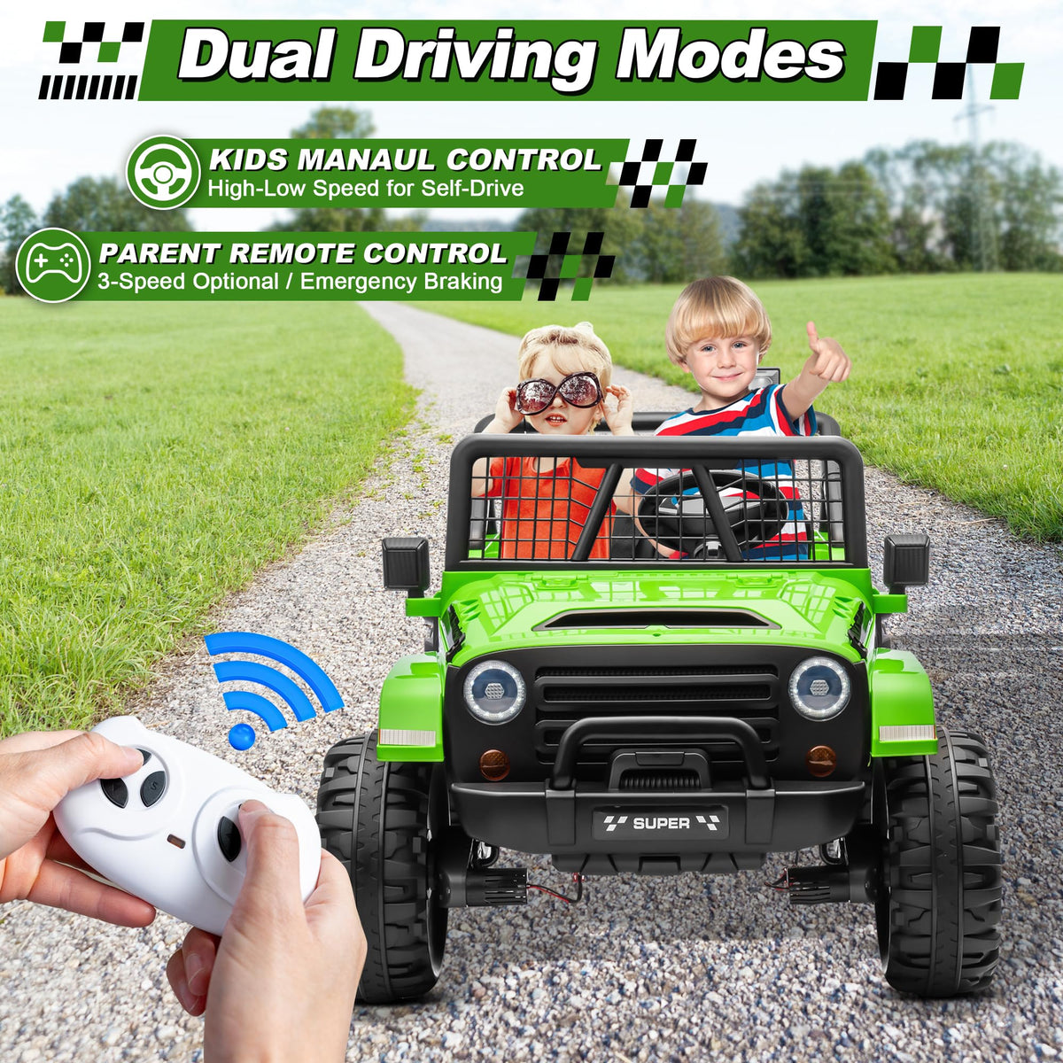 24V Ride on Car with Remote Control, 2 Seater 4WD/2WD Truck, Green T2029